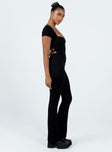 Jumpsuit Rib knit material Open back with tie fastening Good stretch