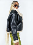 Oversized jacket Faux leather material Faux fur lining  Buckle fastening at neck  Press buttons Zip front  Fully lined 