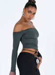 Long sleeve top Off the shoulder design Good stretch Unlined 