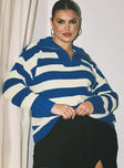 Knit striped sweater Quarter zip fastening at front, high neckline, drop shoulder Good stretch, unlined 