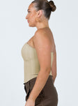 Corset top Linen material Boning throughout  Zip fastening at back Inner silicone strip at bust Curved hem