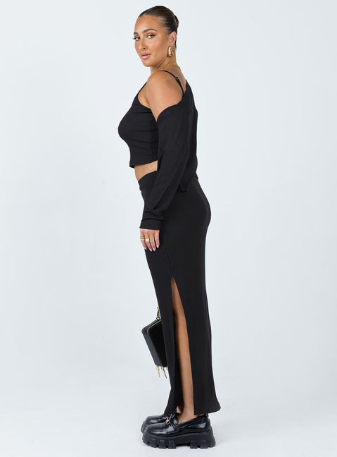 Matching three piece set Ribbed material Long sleeve cardigan  Button fastening at front Crop top Scoop neckline Adjustable shoulder straps Midi skirt Elasticated waistband Slit at side