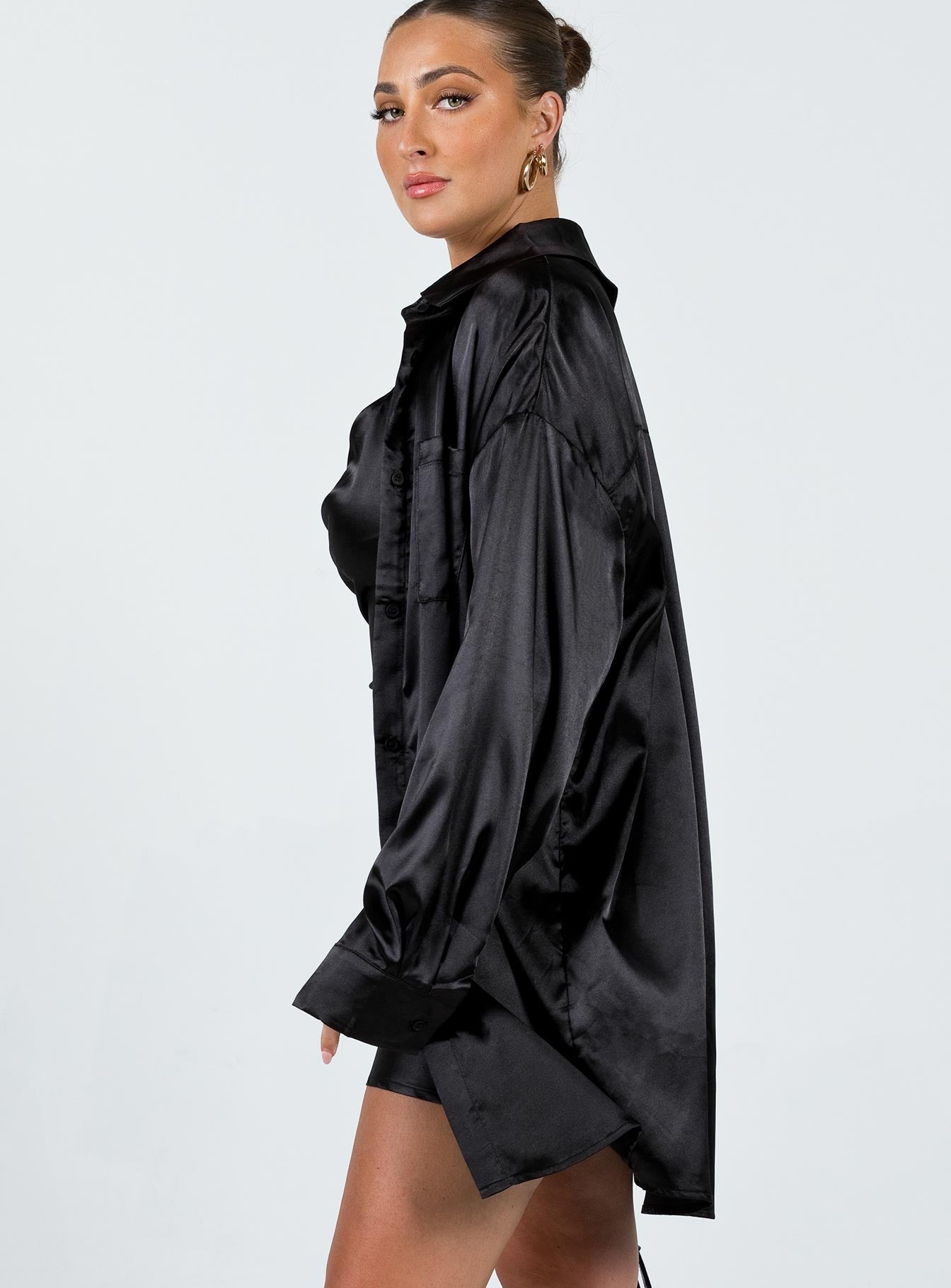 Matching set Silky material  Oversized shirt  Button front fastening  Twin chest pockets  Mini slip dress Cowl neckline  Tie back fastening  Invisible zip fastening at side 