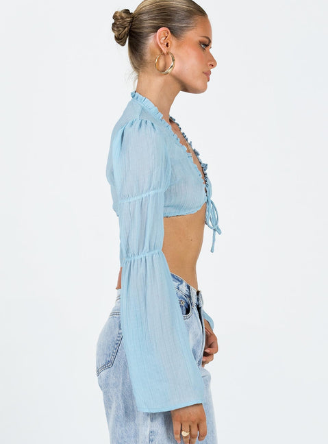 Blue long sleeve crop top Open front Tie fastening Elasticated sleeve detail Adjustable coverage Frill detail