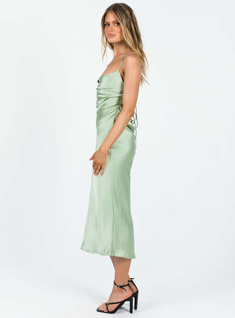 Green midi dress Silky material Cowl neckline Adjustable shoulder straps with tie fastening at back Cowl back