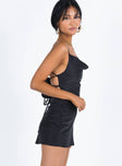 Black mini dress Silky material Cowl neckline Invisible zip at side Lace up back Tie fastening at back
