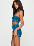 Blue Matching set Strapless style, inner silicone strip at bust, mesh material, asymmetric hem Good stretch, fully lined