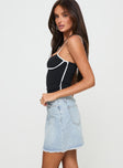 Denim mini skirt High rise fit, belt looped waist, zip and button fastening, raw edge hem Non stretch material, unlined