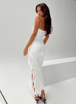 Strapless lace maxi dress Thin elasticated band at bust, ruffle detail, leg slit at side Good stretch, fully lined Princess Polly Lower Impact
