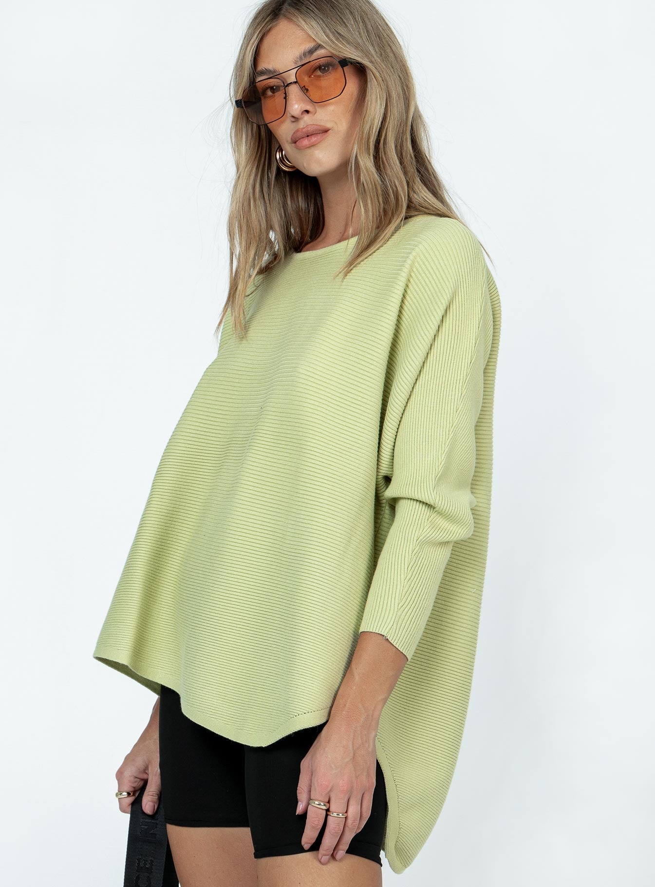 Green sweater Relaxed fit Ribbed knit material Wide neckline