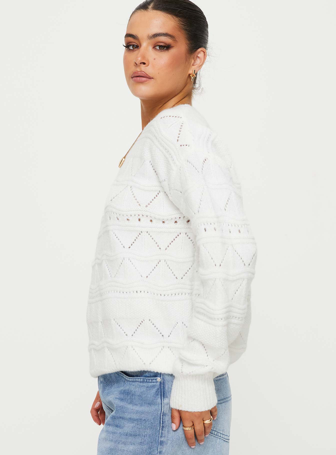 Pierce Pointelle Sweater Cream Princess Polly  regular 
