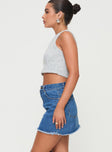 Denim mini skirt Belt looped waist, zip & button fastening, classic five pocket design , branded patch at back, raw edge hem Non-stretch material, unlined 