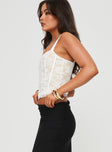 Corset top Clasp fastening at front, adjustable straps, lace detail, boning throughout Good stretch, fully lined