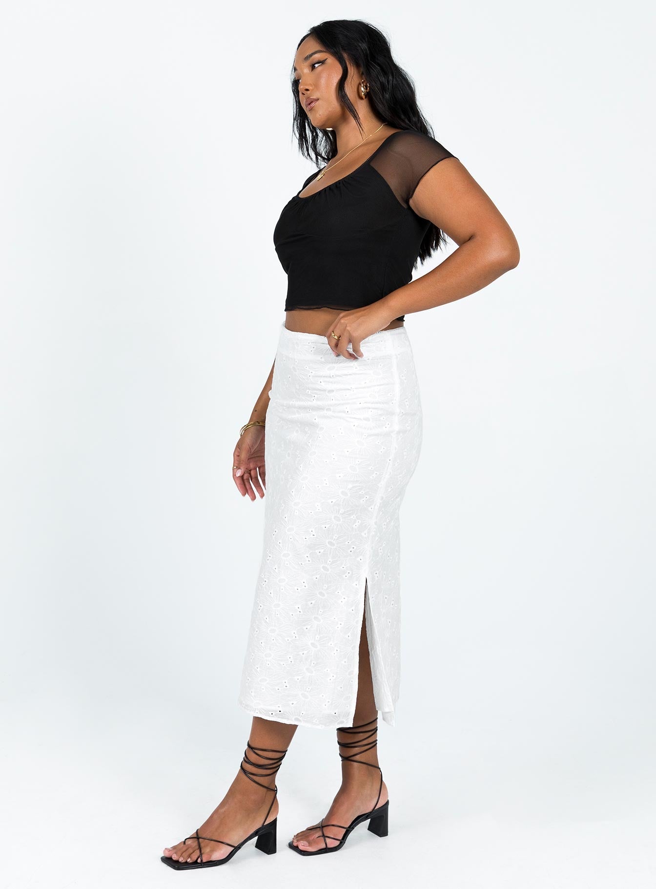White midi skirt Cotton Broderie anglaise material Mid rise Invisible zip fastening at back Non stretch Fully lined