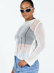 Sweater Sheer knit material Wide neckline Asymmetrical hem Good stretch Unlined 