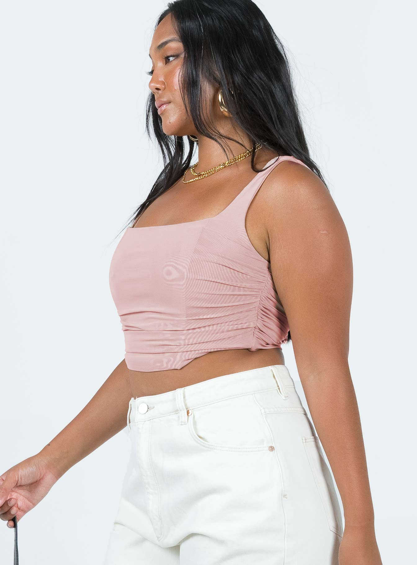 Crop top Mesh material Ruched sides Boning through front Curved hem