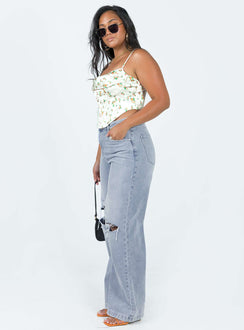 Jeans Belt looped waist Classic five-pocket design Zip & button fastening High waisted Branded patch at back Wide leg Ripped knees