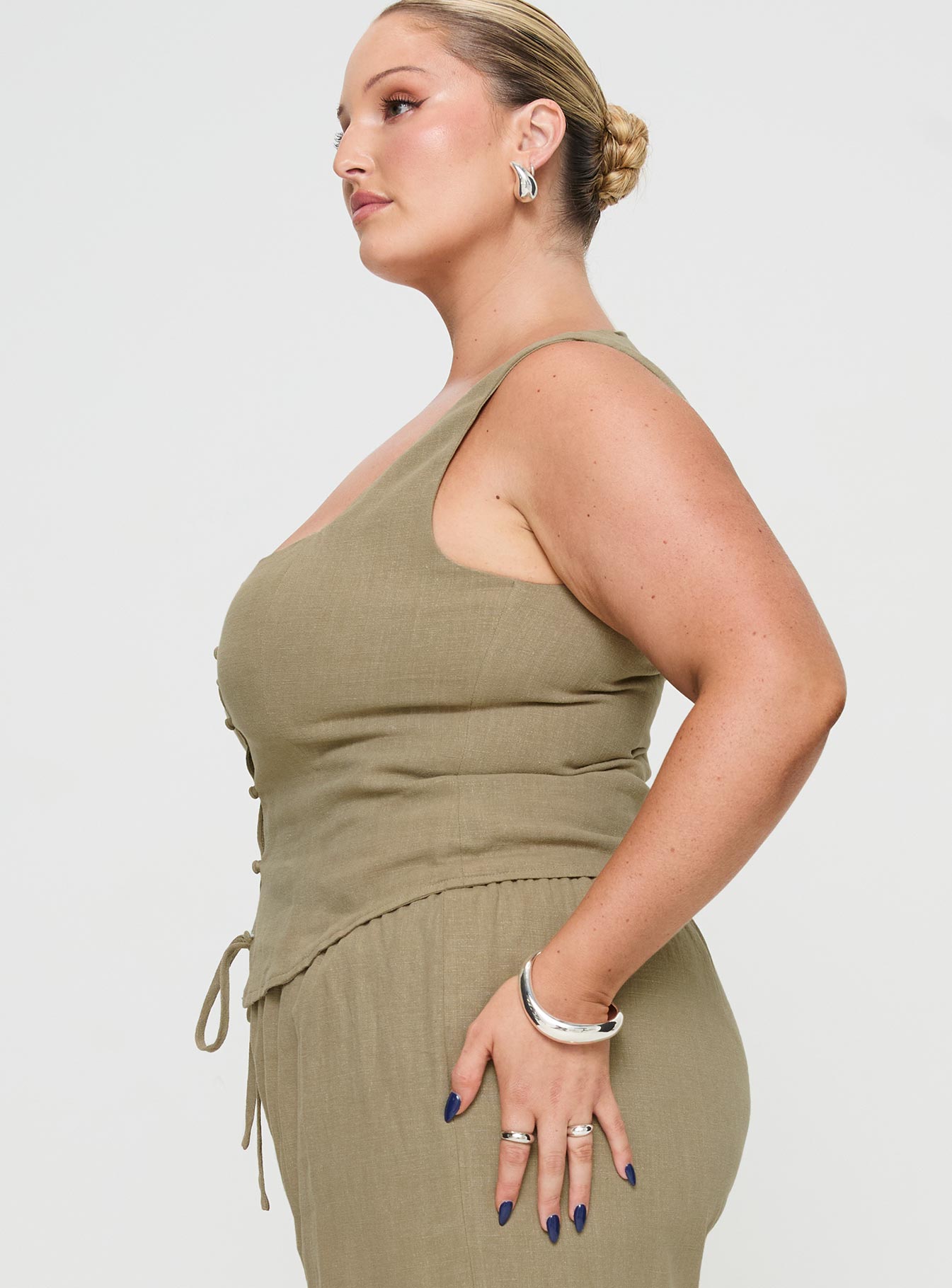 Olive Linen top Square neck, button up fastening