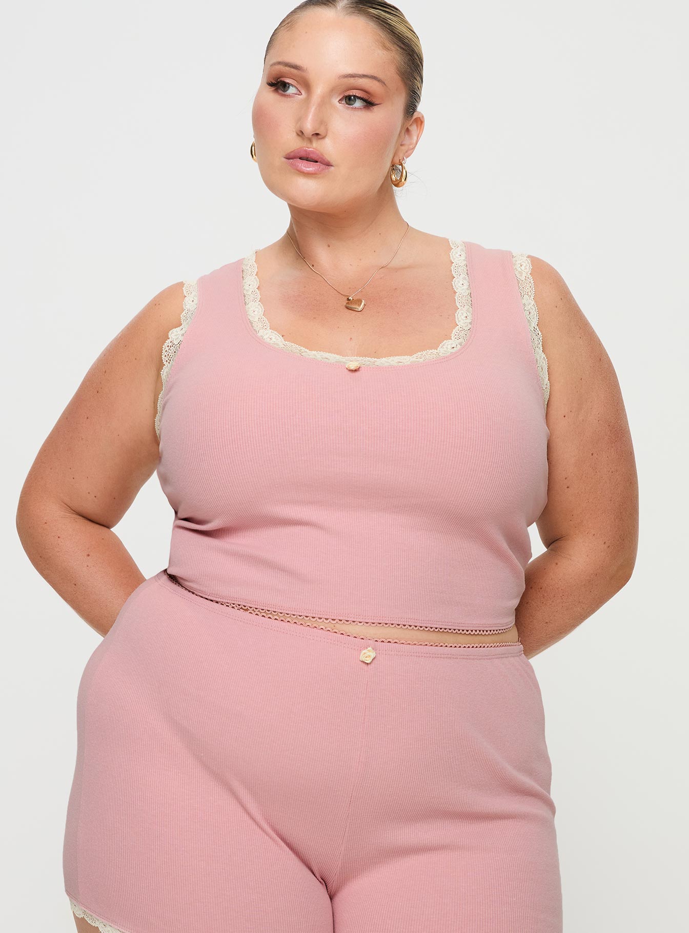 Riley Matching sleep set Tank style top, ribbed material, lace trim with flower detail, elasticated waistband