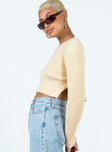 Cream sweater Ribbed knit material Wide neckline Side slits