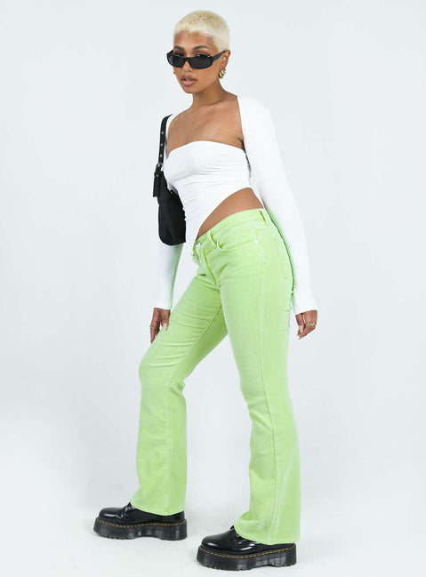 Pant Corduroy material Low-rise Belt looped waist Classic five-pocket design Flared leg