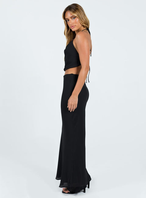 Two piece set Halter top Cowl neck Open back Tie fastening at neck & back Maxi skirt Invisible zip fastening at side Non-stretch  Fully lined 