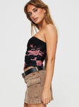Strapless floral top Inner silicone strip at bust, ruched design, invisible zip fastening at side