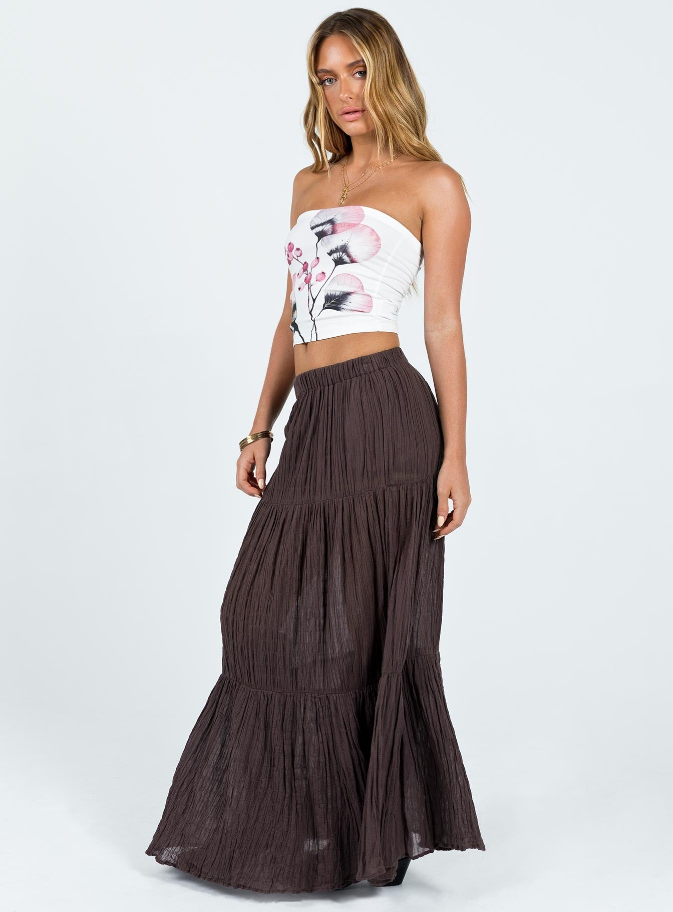 Maxi skirt Low rise fit Muslin look material Elasticated waistband Tiered skirt