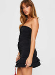 Strapless mini dress Ruching all throughout, center frill detail along front, two tiered frill hem