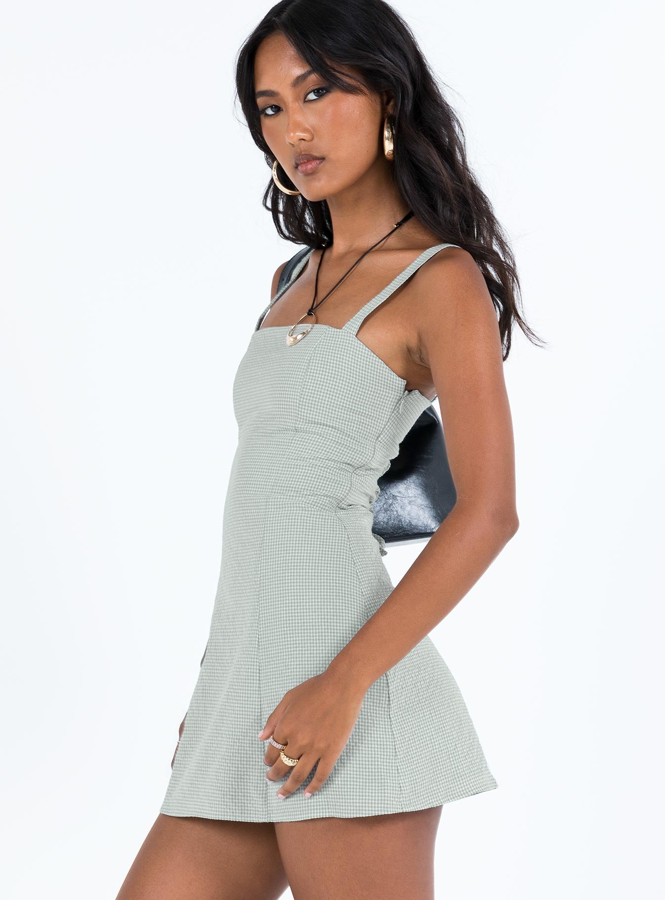 Mini dress Check print Adjustable shoulder straps Square neckline Invisible zip fastening at side Non stretch Partially lined