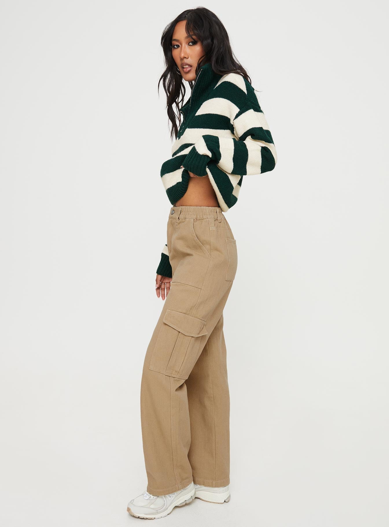 Straight leg cargo pants, denim material Belt looped waist, elasticated waistband at back, zip & button fastening, six pocket design Non-stretch, unlined 