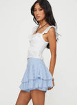 High rise shorts Textured material, tiered ruffles, lace detail, invisible zip fastening at side
