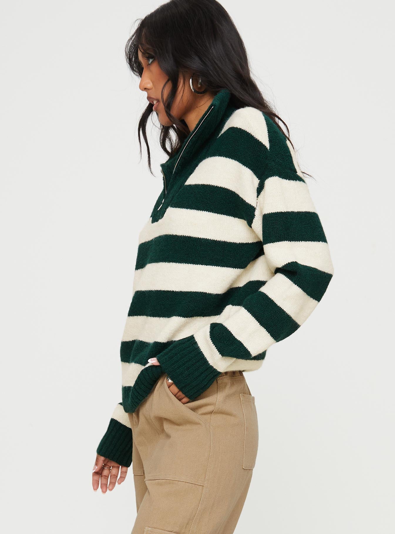 Knit striped sweater Quarter zip fastening at front, high neckline, drop shoulder Good stretch, unlined 