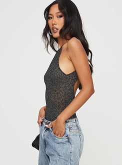 Bodysuit Sheer shimmery lace material, halter style with tie fastening, open back, breif cut leg, cheeky style Press clip fastening at base 