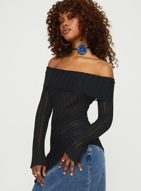 Off the shoulder sweater Sheer knit material, folded neckline, asymmetrical hemline Good stretch, unlined, sheer