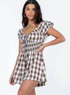 Romper Plaid print  Elasticated shoulder straps  Puff sleeves  Adjustable tie at bust 