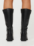 Knee high boots Western style, block heel, point toe, padded footbed, pull tabs at leg