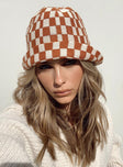 Brown and white bucket hat Knit material Check print No brim Non-stretch