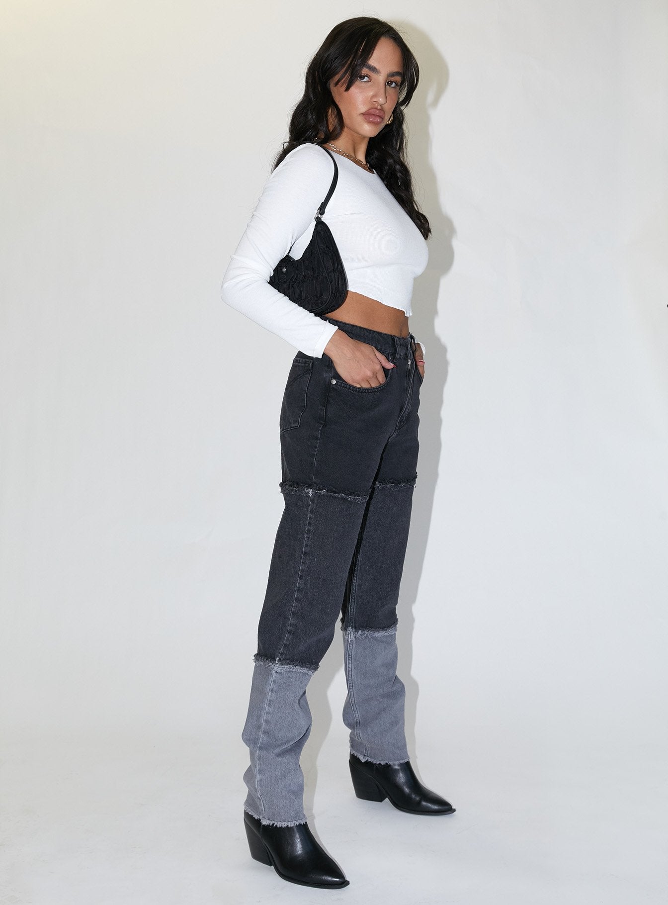 The Ragged Priest 3 Panel Ombre Black Mom Jean w/fray Seams