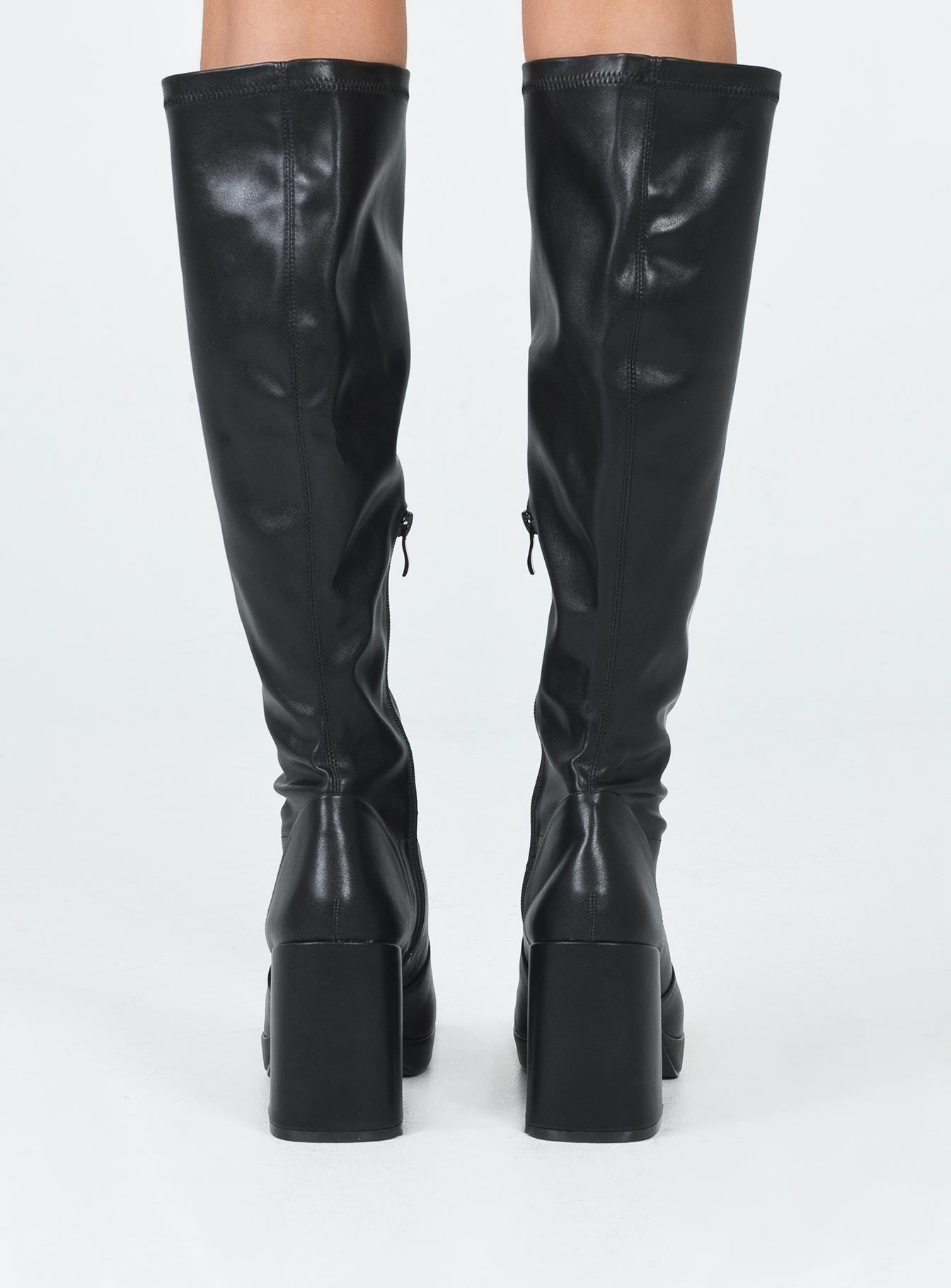 Knee high boots  Princess Polly Exclusive Faux leather material  Zip fastening at side  Rounded toe  Block heel  Platform base 