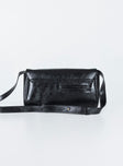 Black shoulder bag Faux leather material Removable & adjustable shoulder strap Magnetic button fastening Single internal pocket External card slip at back