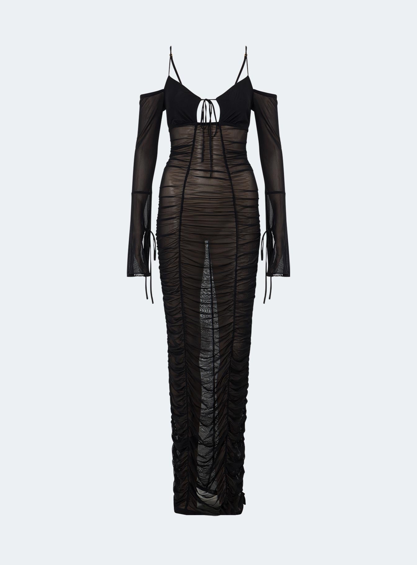 Black long sleeve maxi dress Sheer mesh material Adjustable shoulder straps Plunging neckline Tie fastening at bust Ruching throughout Silicone strip at arms Flared sleeve Good stretch Lined bust