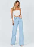Denim jeans High waisted Wide relaxed leg Vintage blue wash Zip & button fastening Belt loops at waist Contrast stitching Classic five pocket design
