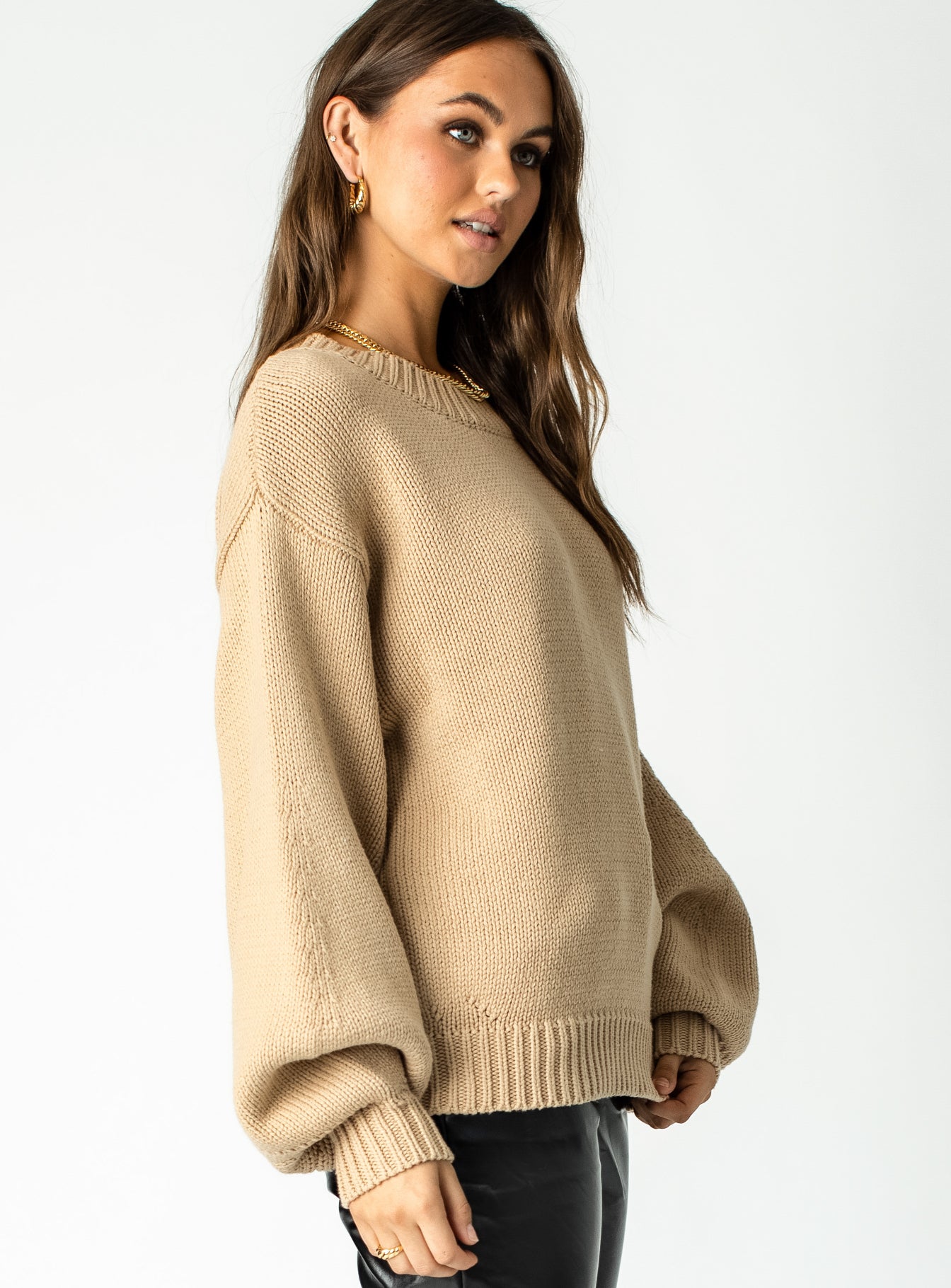 Harmony Balloon Sleeve Knit Sweater Dark Brown