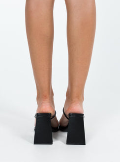 Heels Faux leather material Strappy upper Open squared toe Bevelled block heel Man made upper, lining and sole