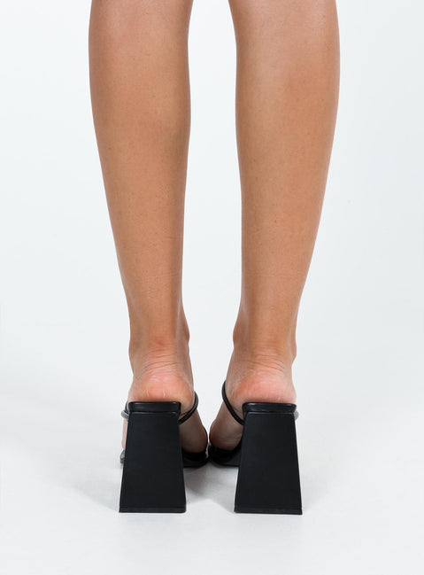 Heels Faux leather material Strappy upper Open squared toe Bevelled block heel Man made upper, lining and sole