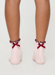 Pink and red Crew socks Bow detail, lettuce edge cuff, good stretch
