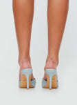 Light blue denim heels Open pointed toe, single upper strap, padded footbed, stiletto heel, slip-on style