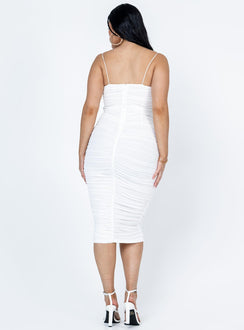 White slim fitting maxi dress Mesh material Elasticated shoulders Ruched sides & back Invisible zip fastening
