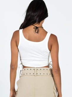 Crop top Scoop neckline Fixed straps Adjustable ruching at sides Slim fitting